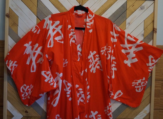 Bright Red Japanese Kimono Robe, Japanese Charact… - image 4