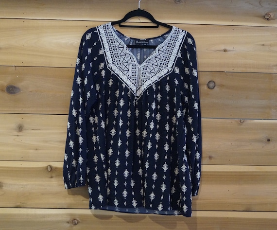 Black Embroidered Peasant Blouse Size Large, Bohem