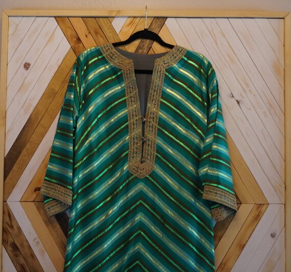 1960s Handmade Vintage Kaftan, Metallic Green Moro