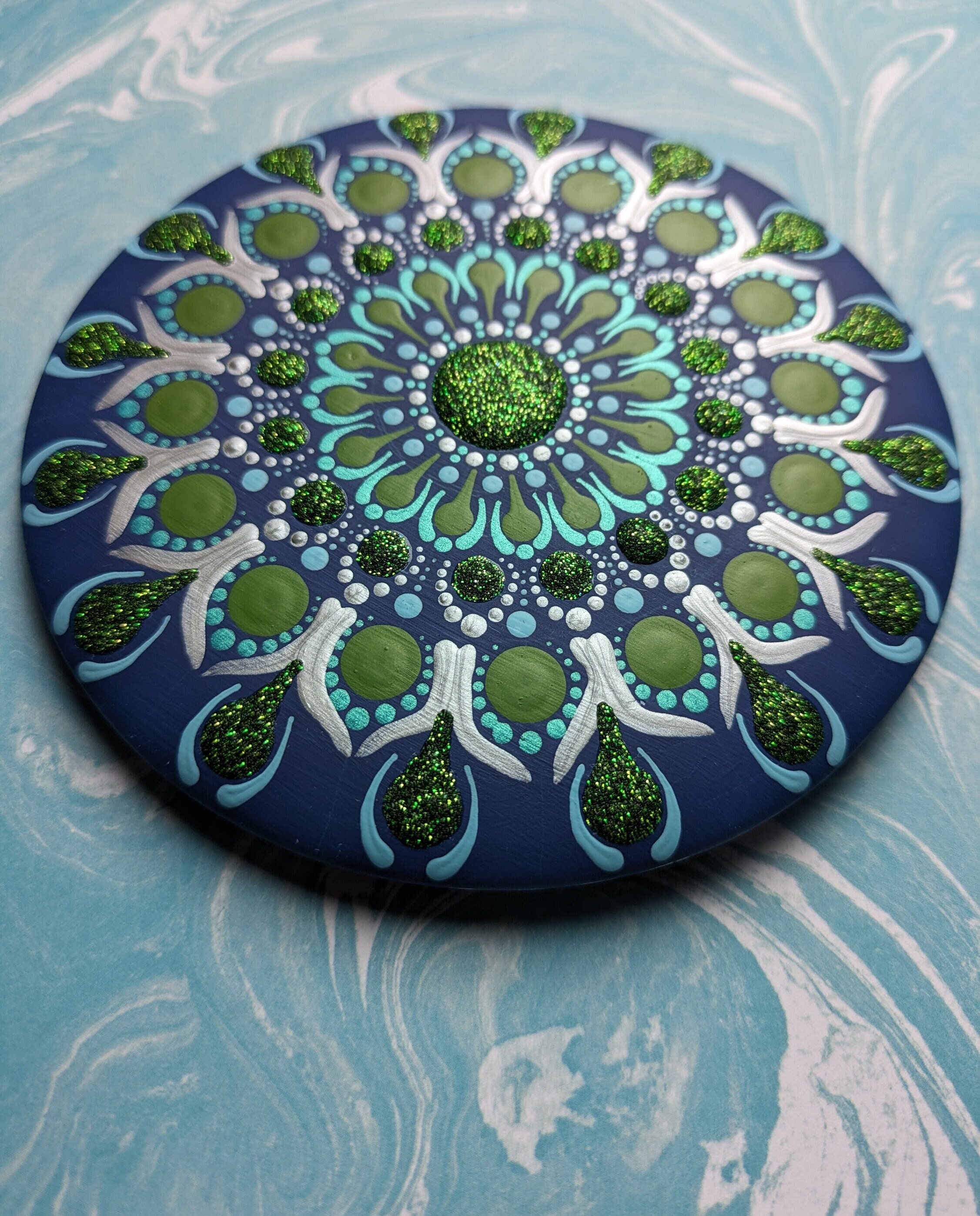 題名　MEGAMI  (handmade art) Stone Painted MANDALA TURQUOISE | Painted Pebble