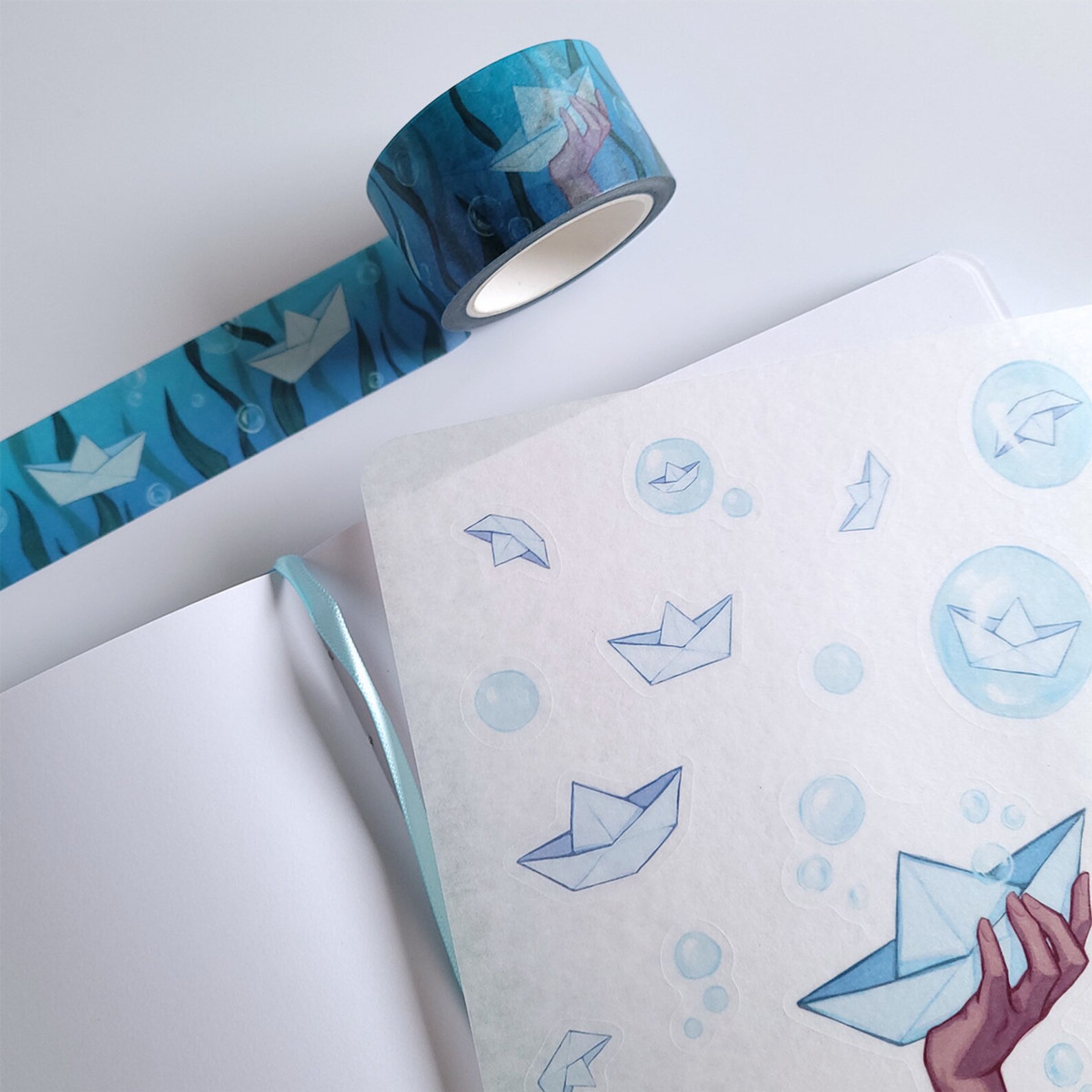 Origami Boat Ocean Washi Tape Underwater Bubbles Washi Tape Etsy