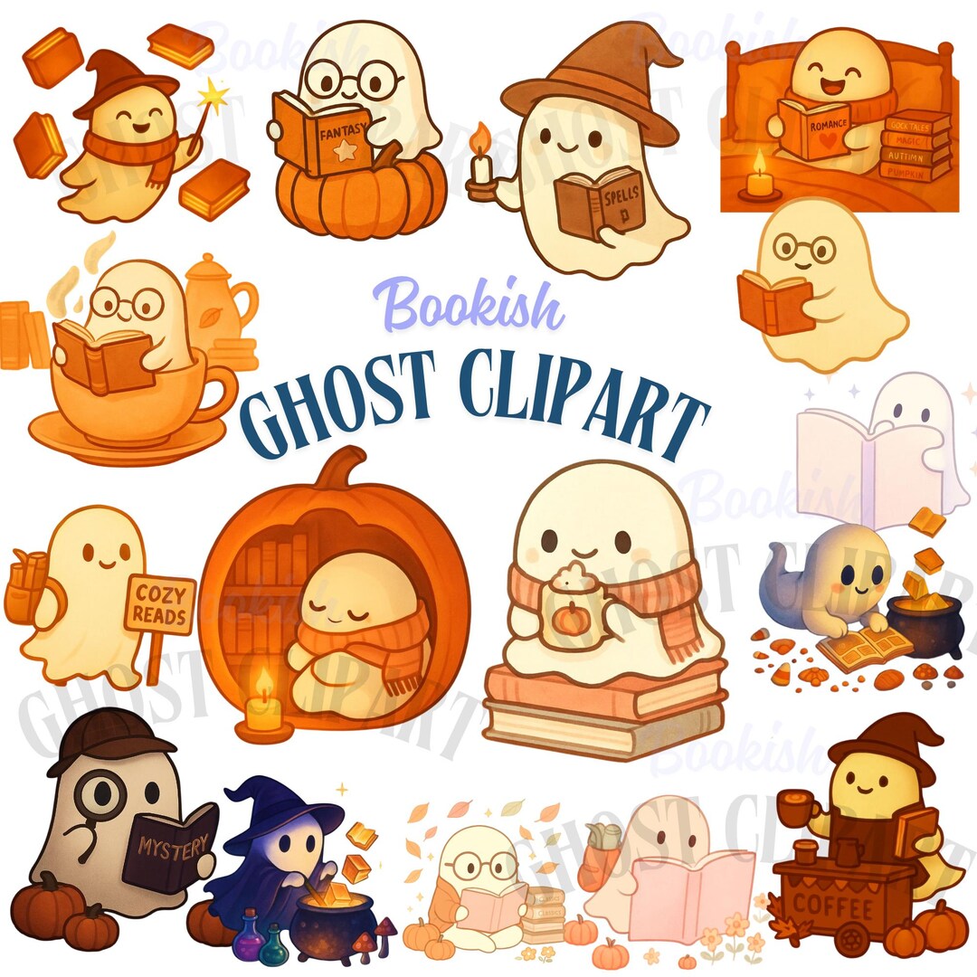 16 Bookish Ghost Clipart Set, Cozy Fall Halloween Ghosts With Books ...