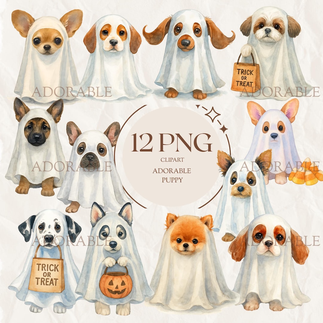 Watercolor Ghost Puppy Clipart Bundle: Halloween Dog Breeds (digital ...