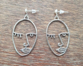 Silver Plated Hollow Face Abstract Statement Stud Drop Earrings