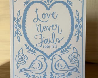 Love Never Fails Bible Scripture Card, Anniversary, Wedding, Engagement