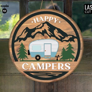 Happy Campers SVG | Panneau de camping SVG, PDF, Panneau rond en bois pour la décoration estivale, fichier découpé au laser pour Glowforge | Téléchargement numérique