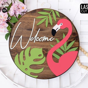 Flamingo SVG | Monstera Leaf SVG, PDF, Okrągły Drewniany Znak Na Letnią Dekorację, Plik Cięty Laserowo Dla Glowforge | Pobieranie Cyfrowe
