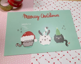 Kawaii Kitties Singing Christmas Postcard| Kawaii Xmas Greeting Card | Cute Cats Postcard  | Cute Cat Greeting Card