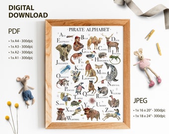 ABC Poster zum drucken, Aquarell englisches Alphabet mit Tieren Piraten, digitaler Download, Montessori pädagogische Kunst, Kinderzimmer Dekor