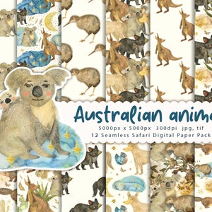 Australia Animals digital paper Animal papers, Printable Paper, Nursery Digital Papers, Seamless Watercolor Patterns Kangaroo Koala Platypus
