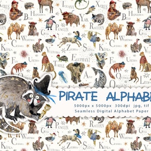 ABC Aquarell digitales Papier englisches Alphabet mit Tieren Piraten Scrapbook Papier Tapete handgemalte Tiere Kinderzimmer nahtlose Muster