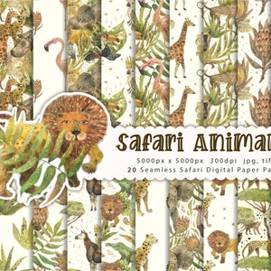 Watercolor Safari Digital Paper seamless patterns African animals  Scrapbook Papers  Safari Animals fabric Nursery paper pack