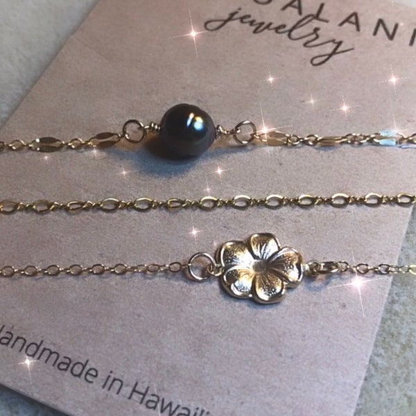 Anklet Trio Tahitian Pearl Gold Filled Pua Flower Charm