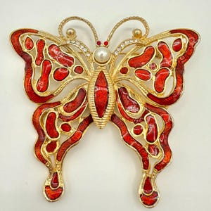large 10k gold plated red enamel butterfly brooch