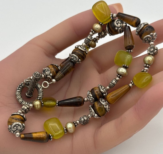 Vintage necklace tiger’s eye, gold pearls, olive … - image 3