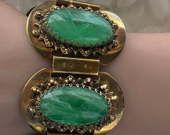 Vintage chunky statement copper and large green and white lucite cabochons bracelet box “tab insert”