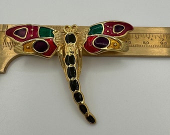 Gold dragonfly brooch with multicolor wings