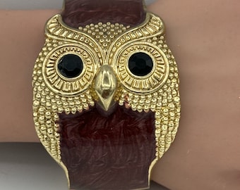 Chunky metal brown and gold tone owl hinge bracelet