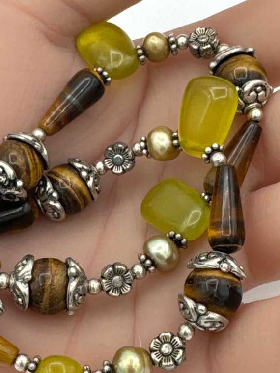 Vintage necklace tiger’s eye, gold pearls, olive … - image 5