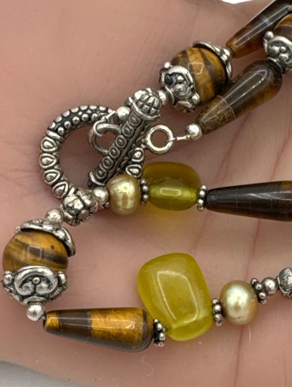 Vintage necklace tiger’s eye, gold pearls, olive … - image 4