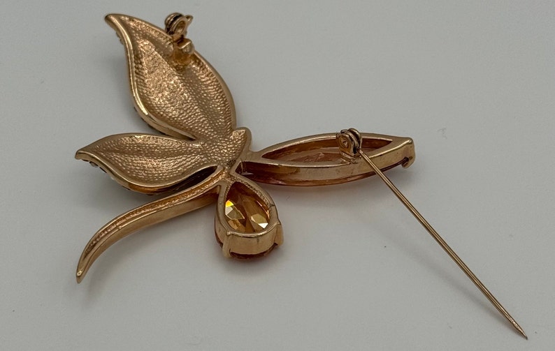 gold tone and amber tone rhinestones and crystal dragonfly brooch. zdjęcie 4