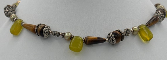 Vintage necklace tiger’s eye, gold pearls, olive … - image 1
