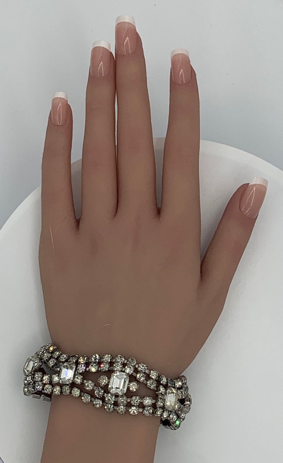 Vintage glitzy silver tone clear rhinestones brac… - image 2