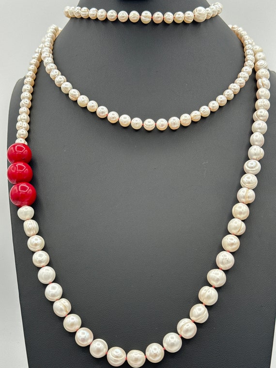 Vintage white pearls and red coral set necklace an