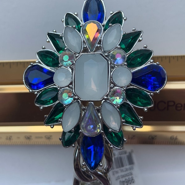 Cookie Lee nwt silver tone bracelet with large colorful design with  Emerald green, white, clear and royal blue Rhinestones .