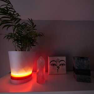 Op de afbeelding: Een witte plantenbak met een rood en oranje licht erin, een helder kristal, een klein doosje met een geschilderd oogontwerp en een donkergrijze doos op een witte plank.