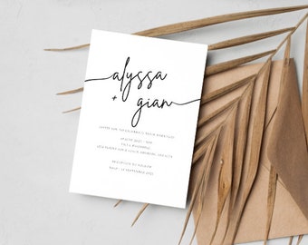 May include: Wedding invitation with a simple design featuring the names "alyssa + gian" in cursive script. The invitation details the date, time, and location of the wedding ceremony and reception.