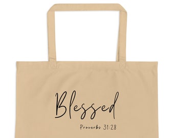 Tote Bag (Oyster) &quot;Blessed,&quot; Large Tote Bag, Christian Tote Bag, Bridesmaid Tote, Bridal Gifts, Faith Based Tote Bag, Organic Tote Bag