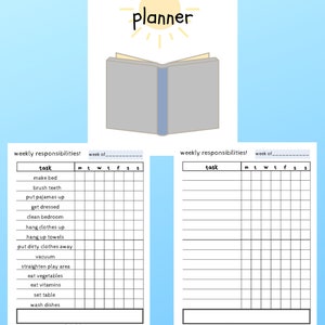 May include: A printable priority planner with a light blue background and a yellow sun shining on a gray book. The planner has two sections, one for weekly responsibilities and one for tasks. Each section has a grid with days of the week labeled and space for writing tasks.