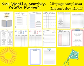 May include: A printable 15-page planner template for kids, featuring a colorful design with a sun, kite, and book illustrations. The planner includes sections for daily, weekly, monthly, and yearly planning, as well as screen time tracking, workout schedules, reading logs, and sample summer schedules.