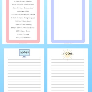 May include: A printable summer schedule template with a pink clipboard and a sample schedule for the day. The schedule includes activities like breakfast, games, documentaries, exercise, foreign language, lunch, reading, chores, snack, and free time. The template also includes a notes section with a computer monitor icon.