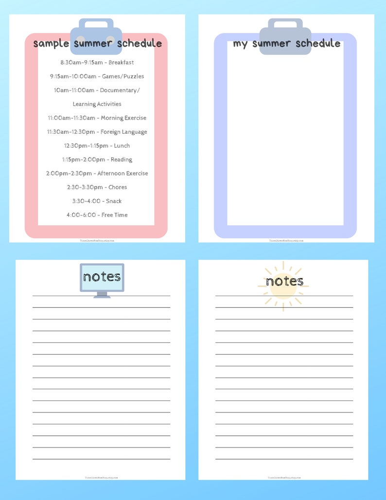 May include: A printable summer schedule template with a pink clipboard and a sample schedule for the day. The schedule includes activities like breakfast, games, documentaries, exercise, foreign language, lunch, reading, chores, snack, and free time. The template also includes a notes section with a computer monitor icon.