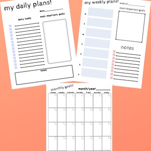 May include: Printable planner pages with sections for daily, weekly, and monthly goals. The pages are designed with a simple, modern aesthetic and include sections for tasks, notes, and most important goals.