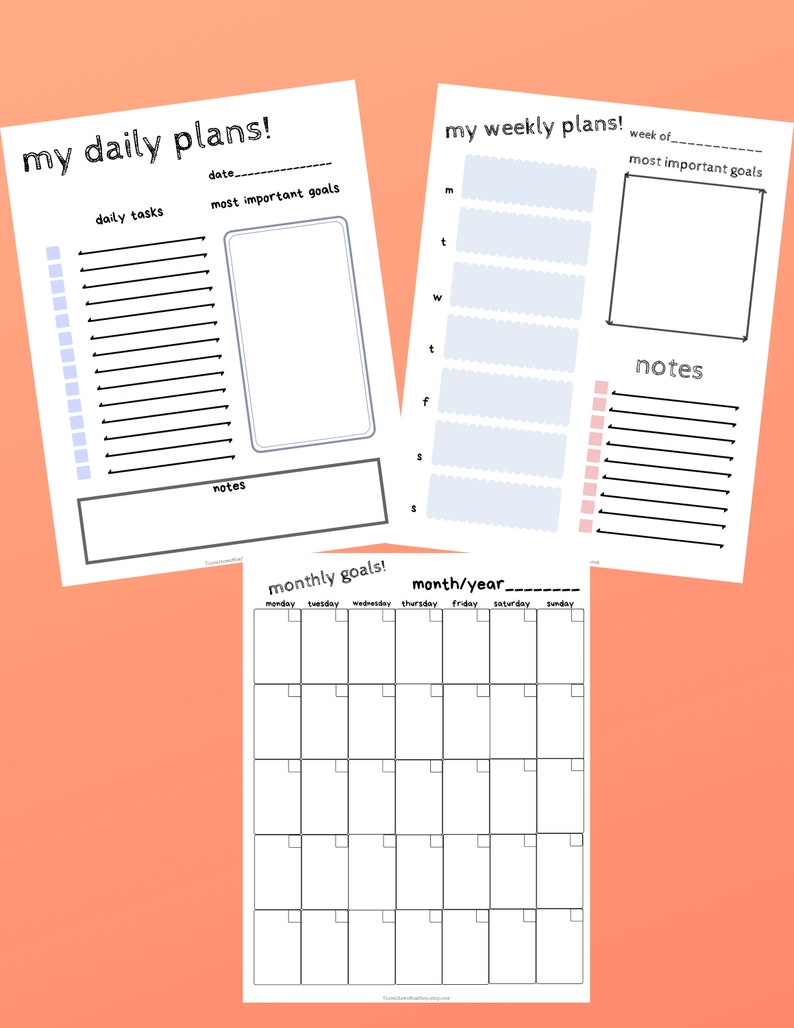 May include: Printable planner pages with sections for daily, weekly, and monthly goals. The pages are designed with a simple, modern aesthetic and include sections for tasks, notes, and most important goals.