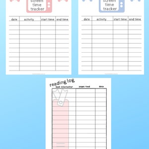 May include: Printable log sheets for tracking screen time and reading. The screen time tracker has a pink TV with a game controller on each side. The reading log has a pink bookmark with a ribbon. Both sheets have a grid for recording dates, activities, and times.