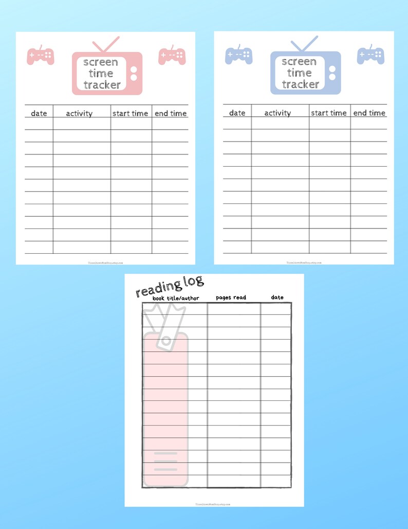 May include: Printable log sheets for tracking screen time and reading. The screen time tracker has a pink TV with a game controller on each side. The reading log has a pink bookmark with a ribbon. Both sheets have a grid for recording dates, activities, and times.