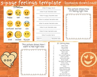 5-Page Feelings Template; Kids Feelings Chart; Kids Emotions Chart; Kids Wellness Chart; Calming Chart; Calming Ideas for Kids