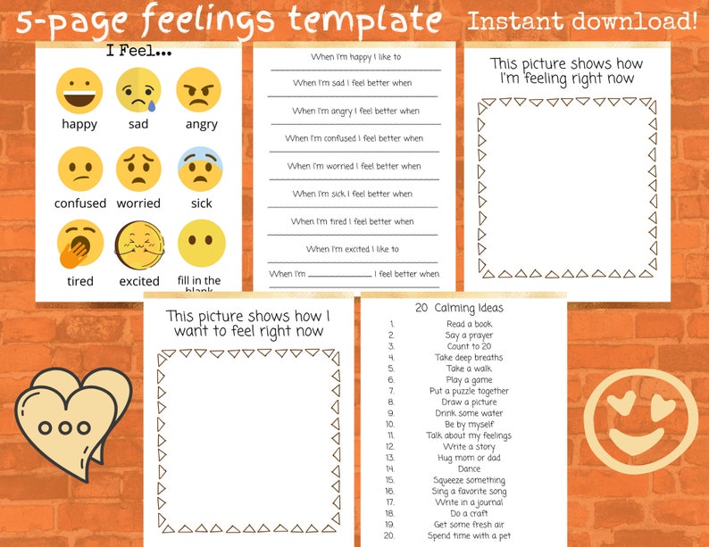 May include: A printable feelings template for children. The template includes a page with different emotions represented by emojis, a page for drawing how the child is feeling, and a page with calming ideas.