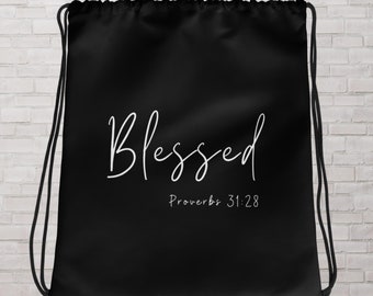 Black Drawstring Bag &quot;Blessed&quot; Bridesmaid Bag; Travel Bag, Black; Inspirational Bag; Mom Gym Bag; Boss Gift; Bachelorette Gift