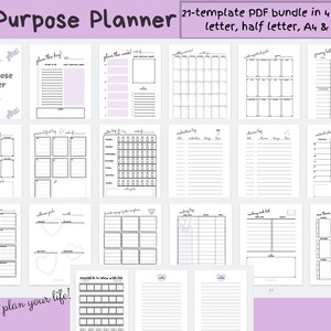 May include: A collection of printable planner templates with a soft purple and white color scheme. The templates include daily, weekly, and monthly planning pages, goal trackers, and more. The text reads "On-Purpose Planner" and "purposely plan your life!"