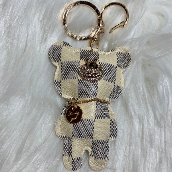 PU Leather Luxury Fashion Cream White and Gold Beige Big Teddy Bear Animal Keychain Tassel Purse Accessory Gift Women and High Quality Cute