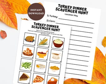 May include: A printable Thanksgiving scavenger hunt game with a list of 12 Thanksgiving dinner foods to find. The game includes a location key to record where each food item is found. The game is designed to help find Thanksgiving dinner food items.