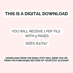 Pu&ograve; includere: Grafica per download digitale su sfondo rosa chiaro. Il testo recita "THIS IS A DIGITAL DOWNLOAD". Indica anche che l'utente ricever&agrave; un file PDF di 5 pagine, di dimensioni 21,6 cm x 27,9 cm.