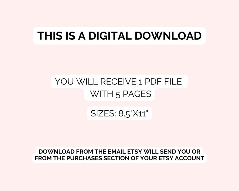 Pu&ograve; includere: Grafica per download digitale su sfondo rosa chiaro. Il testo recita "THIS IS A DIGITAL DOWNLOAD". Indica anche che l'utente ricever&agrave; un file PDF di 5 pagine, di dimensioni 21,6 cm x 27,9 cm.
