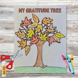 May include: A printable gratitude tree craft activity for kids. The tree is brown with a green base and has leaves with words like "family", "jokes", "cousins", "home", "ice cream", "bike", "friends", "moms hugs", "sunny days", "my dog", "books", "recess", and "nature".