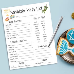 Lista de deseos imprimible para Hanukkah, regalos para Hanukkah, mis cosas favoritas para Hanukkah, lista de deseos para las fiestas, encuesta imprimible de regalos judíos